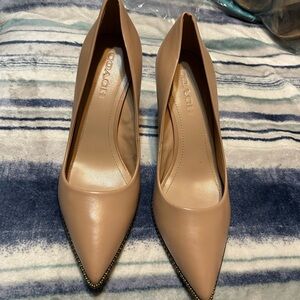 Coach Beige Leather Pointed Toe Stud-Trim Pumps